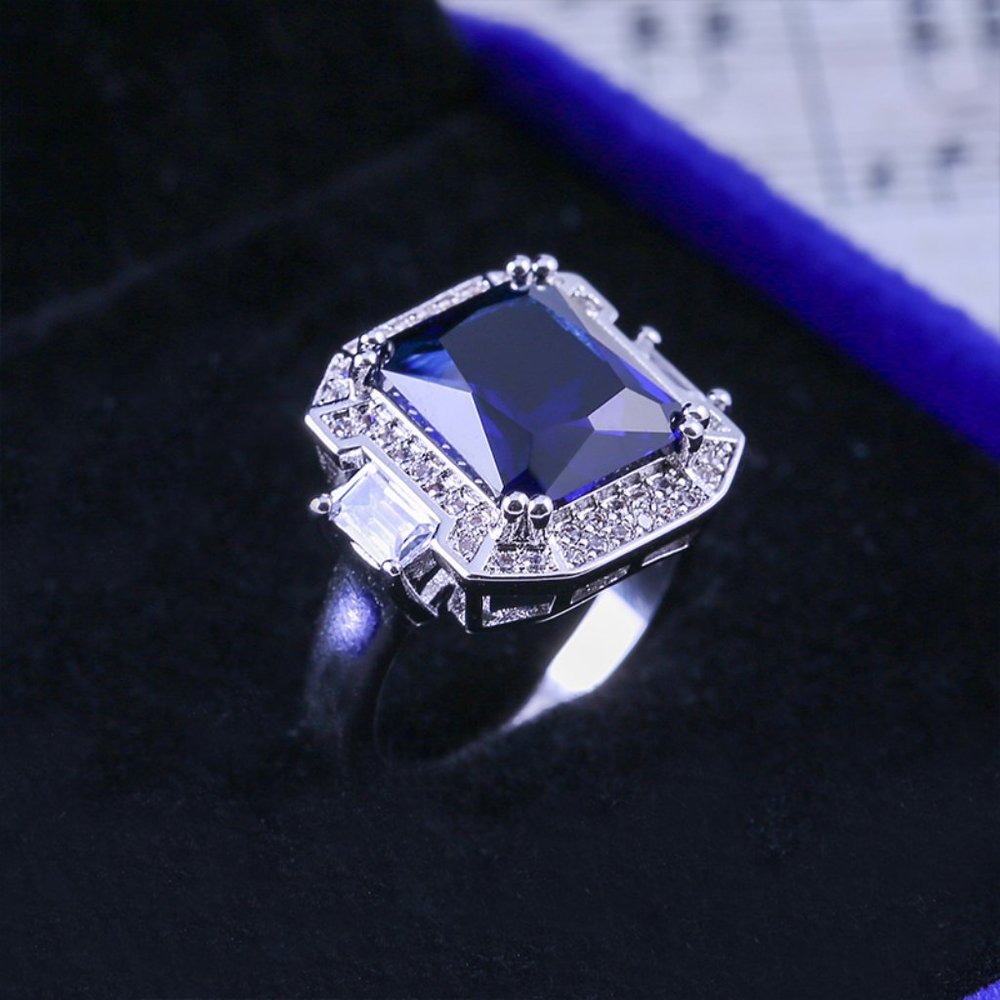 🎁925 Silver Plated Big Blue Cubic Zirconia Ring for Women, MLNN1001